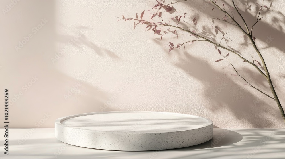 Aufkleber Angled perspective of a minimalist product background mockup featuring natural lighting 3D pastel platform for showcasing items with dynamic sunlight casting deep shadows on a textured surface