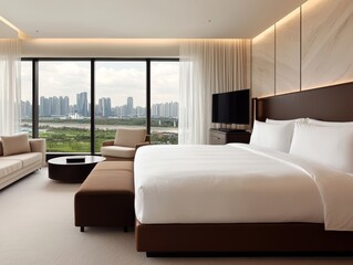 Fototapeta premium Luxurious King-sized Bed in Modern Hotel Room with Panoramic City View