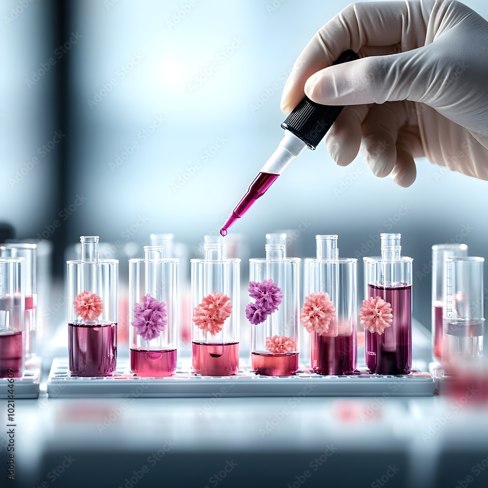 Poster a scientist s hand precisely manipulating a dropper to dispense a rich amethyst colored solution int