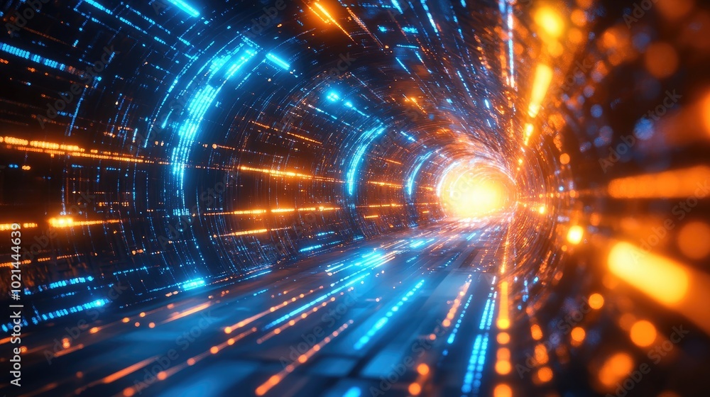 Poster Abstract Glowing Blue And Orange Neon Lines And Dots Background With Digital Technology Tunnel Futuristic Cyberspace With High Speed Moving Digital Data Sci Fi Virtual Reality