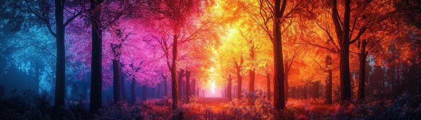 Vibrant forest scene with colorful lights, blending hues of blue, pink, and orange, creating a magical atmosphere