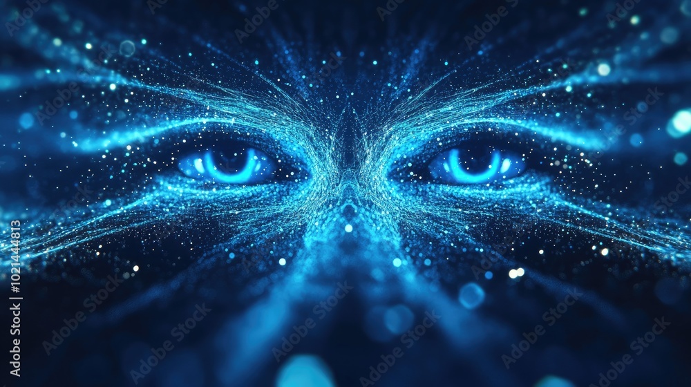 Poster abstract illustration featuring symmetrical blue glowing lines and particle glitter designed in the 