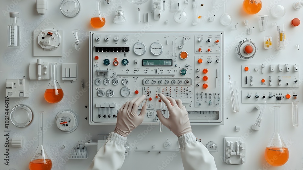Poster detailed view of a scientist carefully conducting precise liquid measurements and analysis in a high