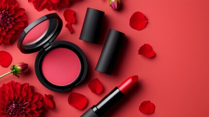 A bold red makeup set featuring lipsticks and compact powder, laid out on a soft red background with gentle petals of red dahlias scattered for a sophisticated vibe.