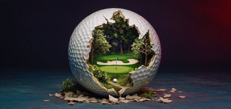Surreal Golf Ball Mirage Miniature Course within Cracked Sphere on Dark Gradient Abstract Fantasy Art