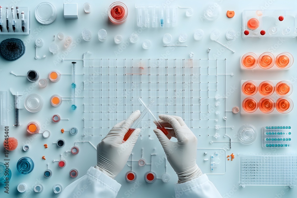 Poster a focused scientist precisely pipetting a clear liquid reagent into an organized arrangement of samp