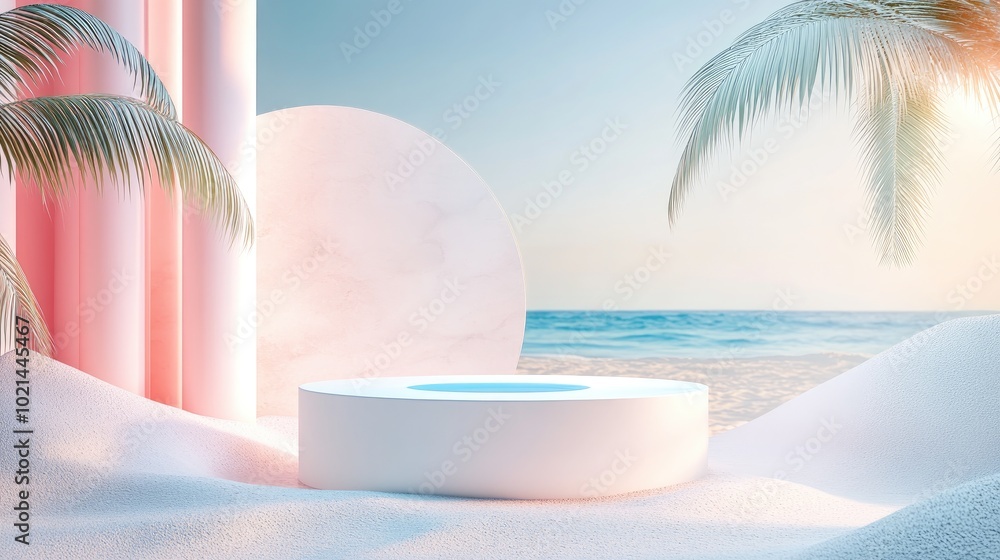 Poster 3d rendering of an abstract minimal display podium for showcasing products or cosmetics with a beach