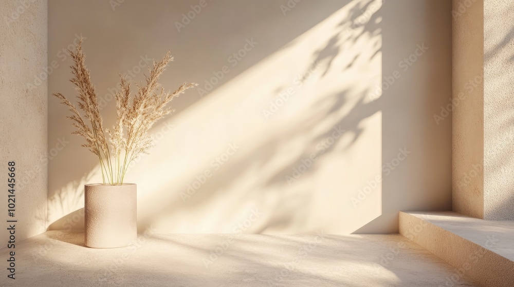 Aufkleber Abstract backdrop featuring a mock up scene with light rays and shadows cast on the wall and floor designed for product presentation 3D rendering
