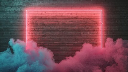 Neon Pink Rectangular Frame on Dark Brick Wall with Ethereal Smoke - Modern Urban Vibes and Mysterious Ambiance