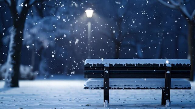 Snow-Covered Park Bench Under Streetlight in Winter Night with Falling Snowflakes and Bare Trees