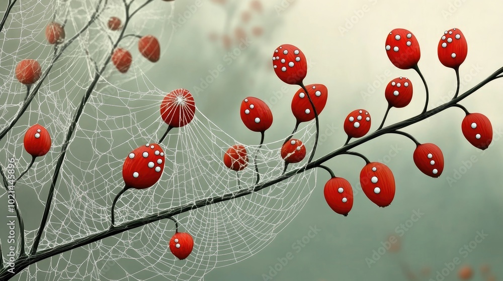 Poster cobweb on red rose hips with blurred background