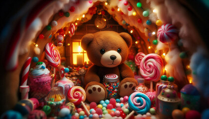 Obraz premium 甘い香りが漂うお菓子の家の中にクマのぬいぐるみ 