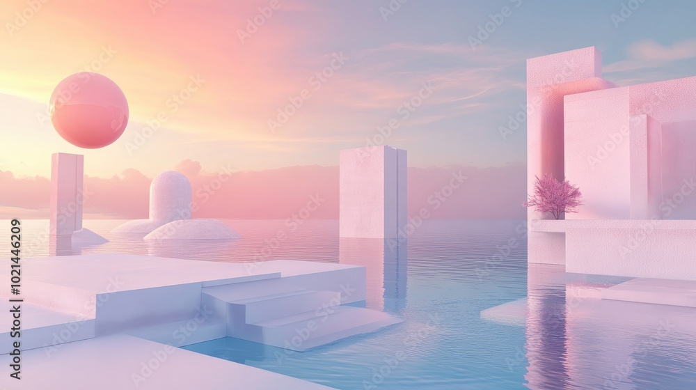 Aufkleber 3D render of an abstract surreal pastel landscape featuring architecture and geometric shapes complemented by a stunning gradient sky and a tranquil lake surface showcasing a minimalist concept