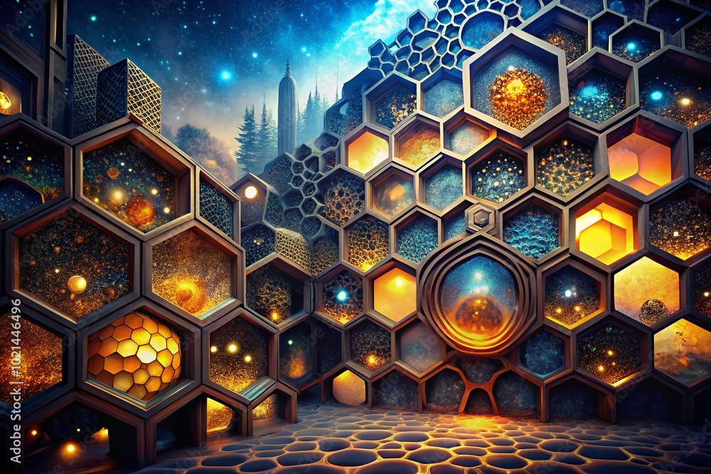 Poster intricate 3d honeycomb pattern with geometric shapes and textures for modern design projects