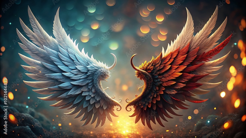 Poster intricate angel and devil wings representing the duality of good and evil in a unique design