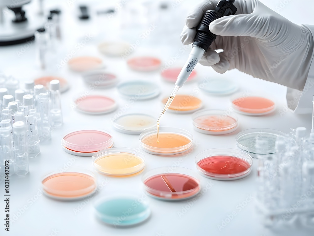 Poster skilled scientist carefully adding liquids to petri dishes using a glass dropper focused on the intr