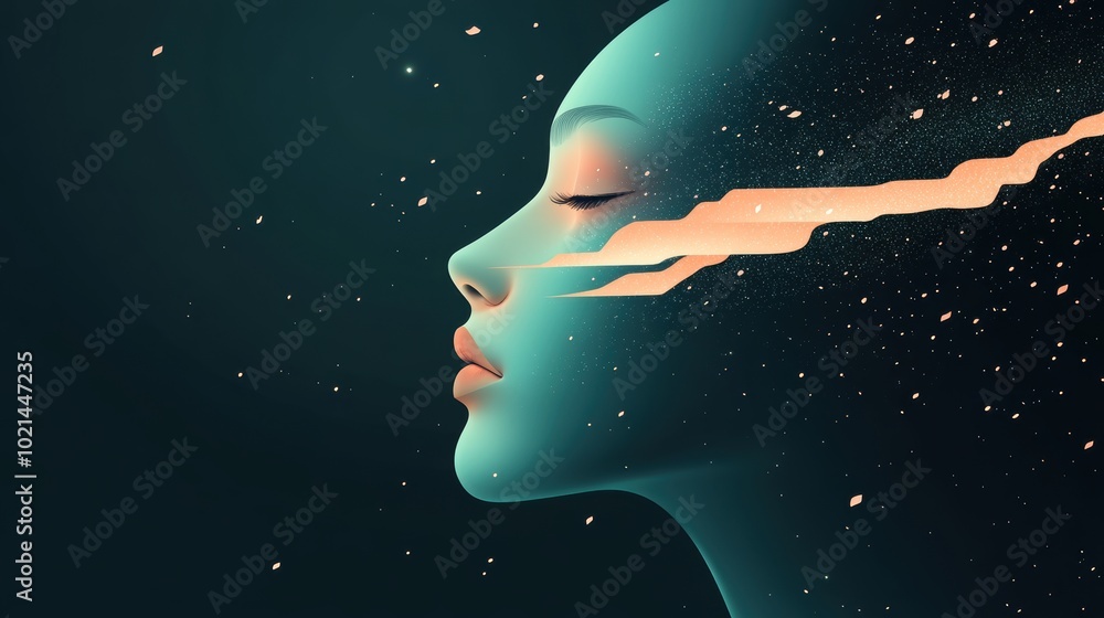 Poster a surreal illustration of a glowing face emerging from a dark background, with abstract lines and sh