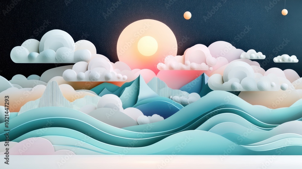 Aufkleber a surreal abstract illustration of a landscape with abstract forms and shapes, lit by a mysterious a