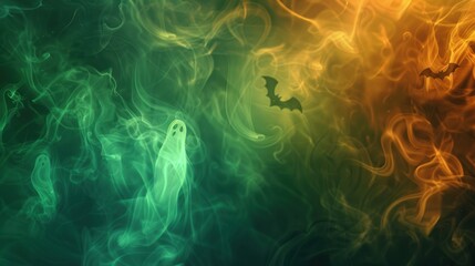 Mystical Halloween Background with Ghostly Figures and Bat Wings in Swirling Green and Orange Fog