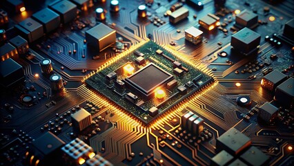 Fototapeta premium Intricate Circuit Board Design Featuring Microchips, Resistors, and Capacitors on a Dark Background
