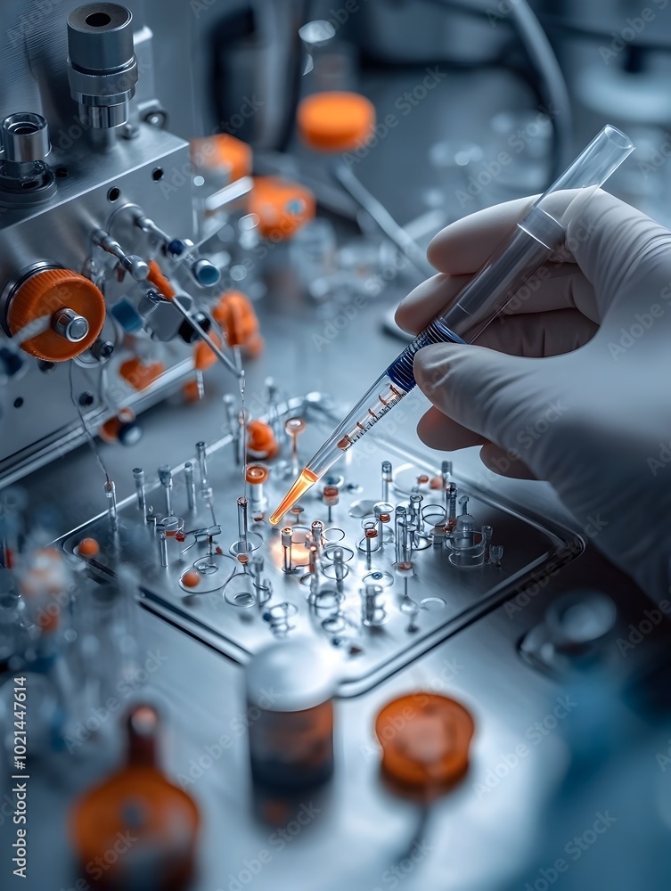 Aufkleber close up view of a scientist s hands meticulously manipulating a micropipette to precisely dispense 