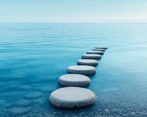 Tranquil Path of Concrete Stepping Stones in Calm Blue Water, Serene Zen Garden Concept, Peaceful Minimalist Landscape