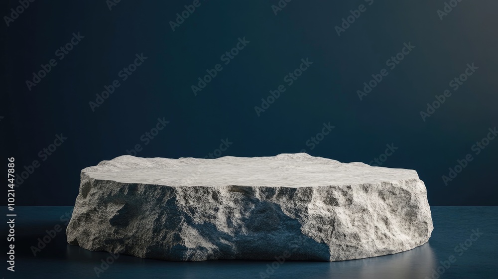 Poster 3d rendering of a rock podium for packaging presentation against a dark blue background
