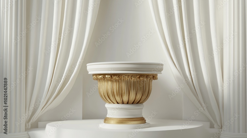 Poster 3d rendered background featuring a roman style white and gold podium with a curved back against a wh
