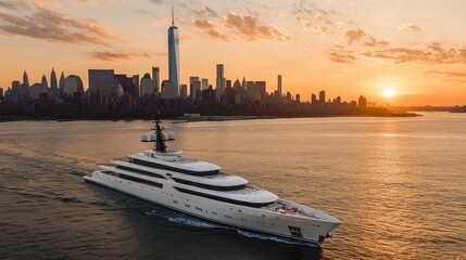 Luxurious Sunset Yacht Cruise with New York City Skyline View - Serene Waterfront Travel Concept