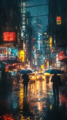 Obraz premium A rainy urban scene with people holding umbrellas amidst neon lights and reflections.