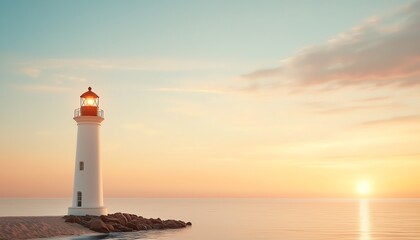 Obraz premium A serene lighthouse at sunset, casting a warm glow over the tranquil sea and colorful sky.