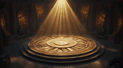 Golden Sun Circle Mystical Grandeur in Ancient Hall, Intricately Carved Platform with Pillars, Archways, Symbolic Illumination - Fantasy Setting