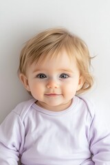 Naklejka premium Adorable Curious Baby in Soft Purple Shirt, Innocence and Joy, Studio Portrait with Neutral Background, Infantile Innocence Concept