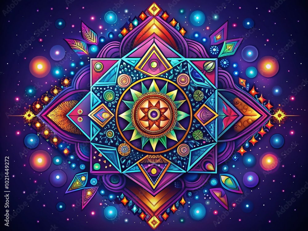 Poster intricate glyth design with geometric patterns in vibrant colors for creative digital projects