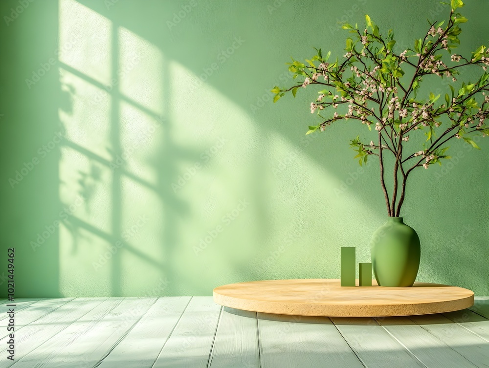 Poster serene and minimalist 3d studio space featuring a chartreuse background bare floors and walls a cent
