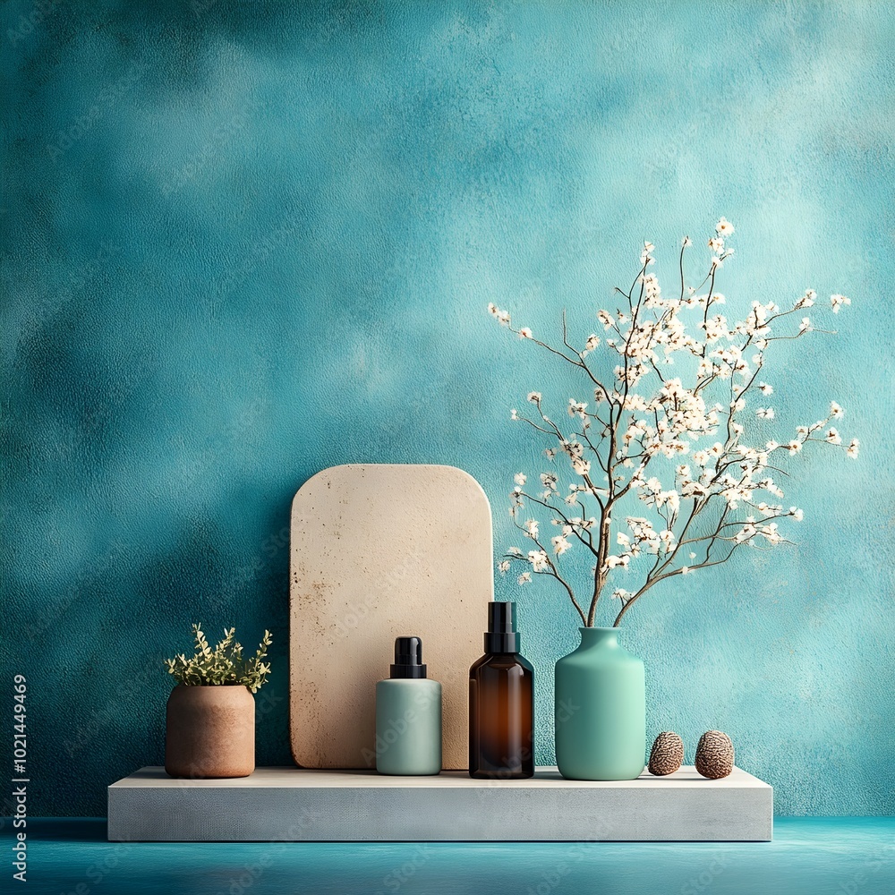 Poster tranquil and minimalist 3d studio scene with azure gradient background concrete surfaces and careful