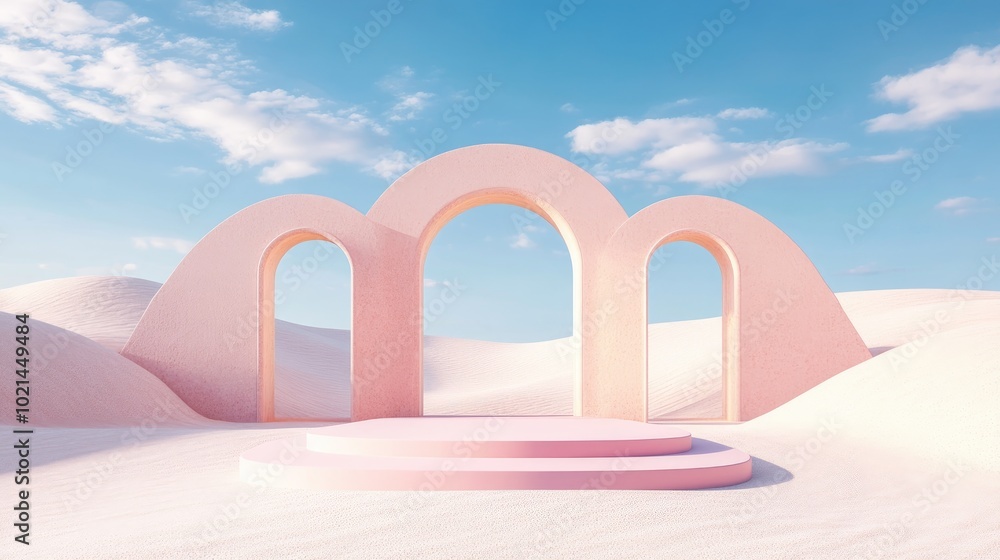 Aufkleber 3D rendering of an abstract surreal pastel landscape featuring arches and a podium for product display panoramic perspective vibrant dune scene with ample copy space blue sky with clouds minimalis