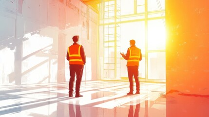 Two Men in Safety Vests Chatting at Construction Site - Anime Vector Illustration with Minimalist Style on Clean White Background