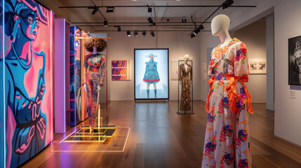 A fashion spread featuring upcycled luxury fashion pieces, set in a modern art gallery with bold lighting creating a sophisticated atmosphere