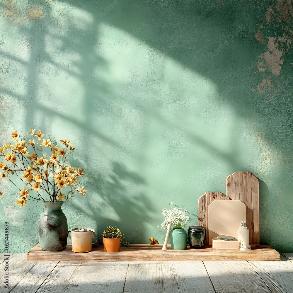 Poster serene 3d studio setting with a sage green wall backdrop wood plank flooring and a simple stand show