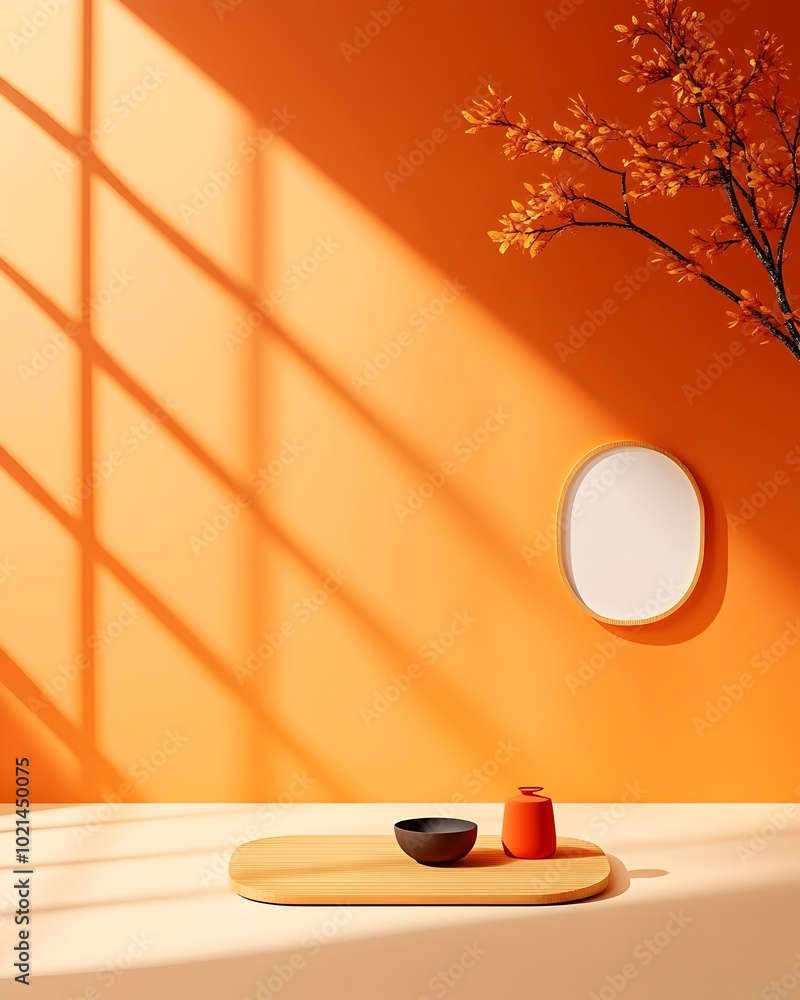 Poster serene and peaceful 3d studio environment with pale peach walls and floor featuring a minimalist dis