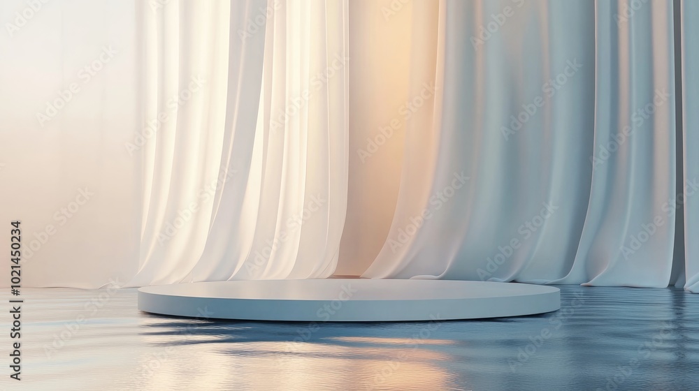 Aufkleber 3D render of an abstract platform podium on water with flowing curtains Realistic pastel mock up for product promotion Modern minimal background featuring an empty podium
