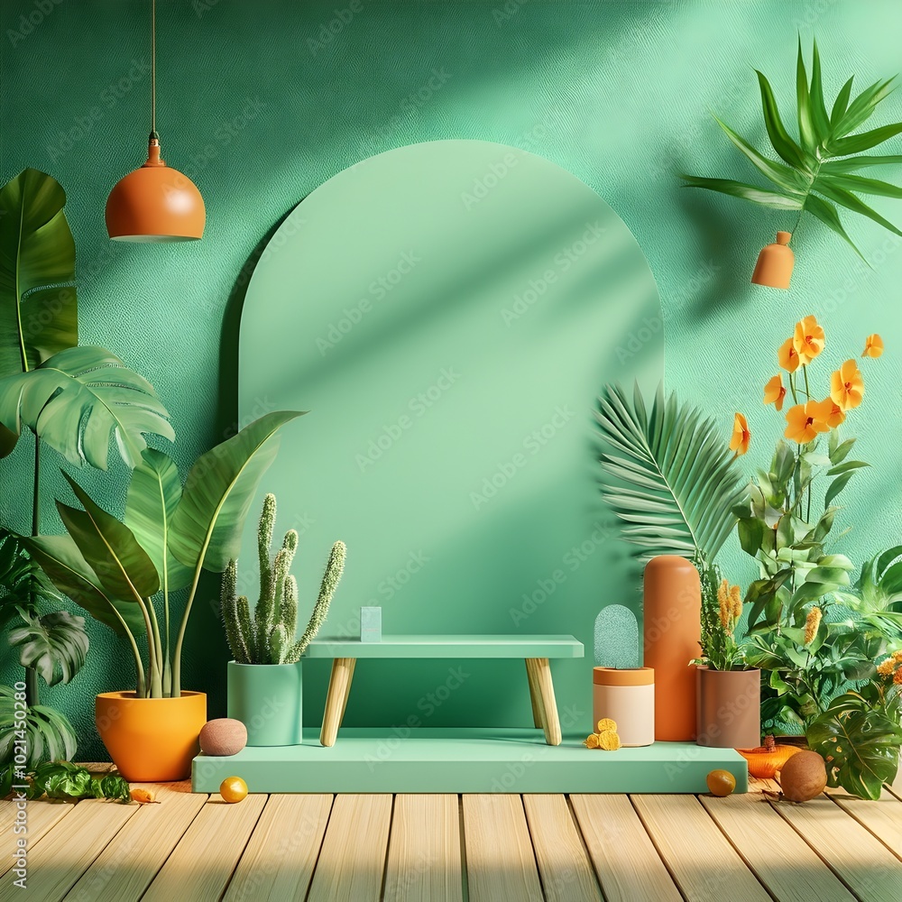 Aufkleber serene and minimalist 3d studio setting with sage green wall backdrop wood plank flooring and simple