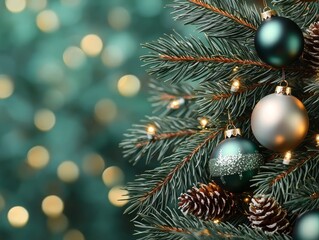 Fototapeta premium Elegant Silver and Teal Christmas Ornaments on Pine Tree Branch - Festive Holiday Decor Closeup with Bokeh Lights