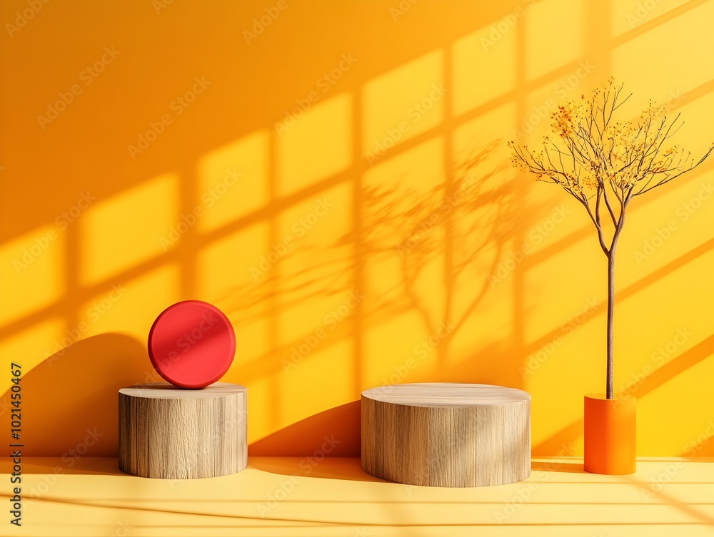 Poster serene and minimalist 3d studio space featuring ochre toned walls a simple floor and podium and soft