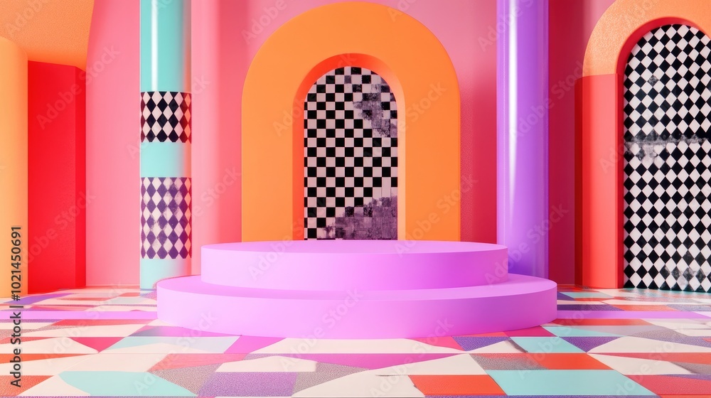Poster Abstract podium showcase in 1980s Memphis style 3D render featuring bold geometric shapes vibrant colors and check patterns A bright surreal background creates a studio setting for product adverti