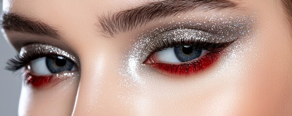 Naklejka premium A metallic 80s makeup look featuring silver and gold eyeshadow with glitter accents, bold eyeliner, and deep red glossy lips for a glamorous, party-ready style.