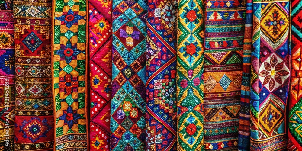 Poster intricate patterns in textiles showcasing vibrant colors and unique designs for creative projects