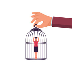 Trap concept. The businesswoman is caught and enslaved. Woman in captivity, dependence on leadership. Vector illustration flat design. Isolated on white background. Female in a cage, sit behind bars.