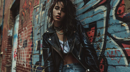 A gritty editorial featuring vintage punk fashion with leather jackets, ripped jeans, and safety...